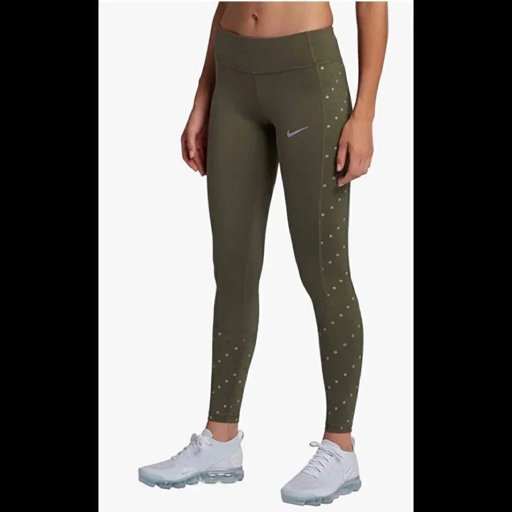 Nike dri fit flash running leggings olive green polka dot sz XS